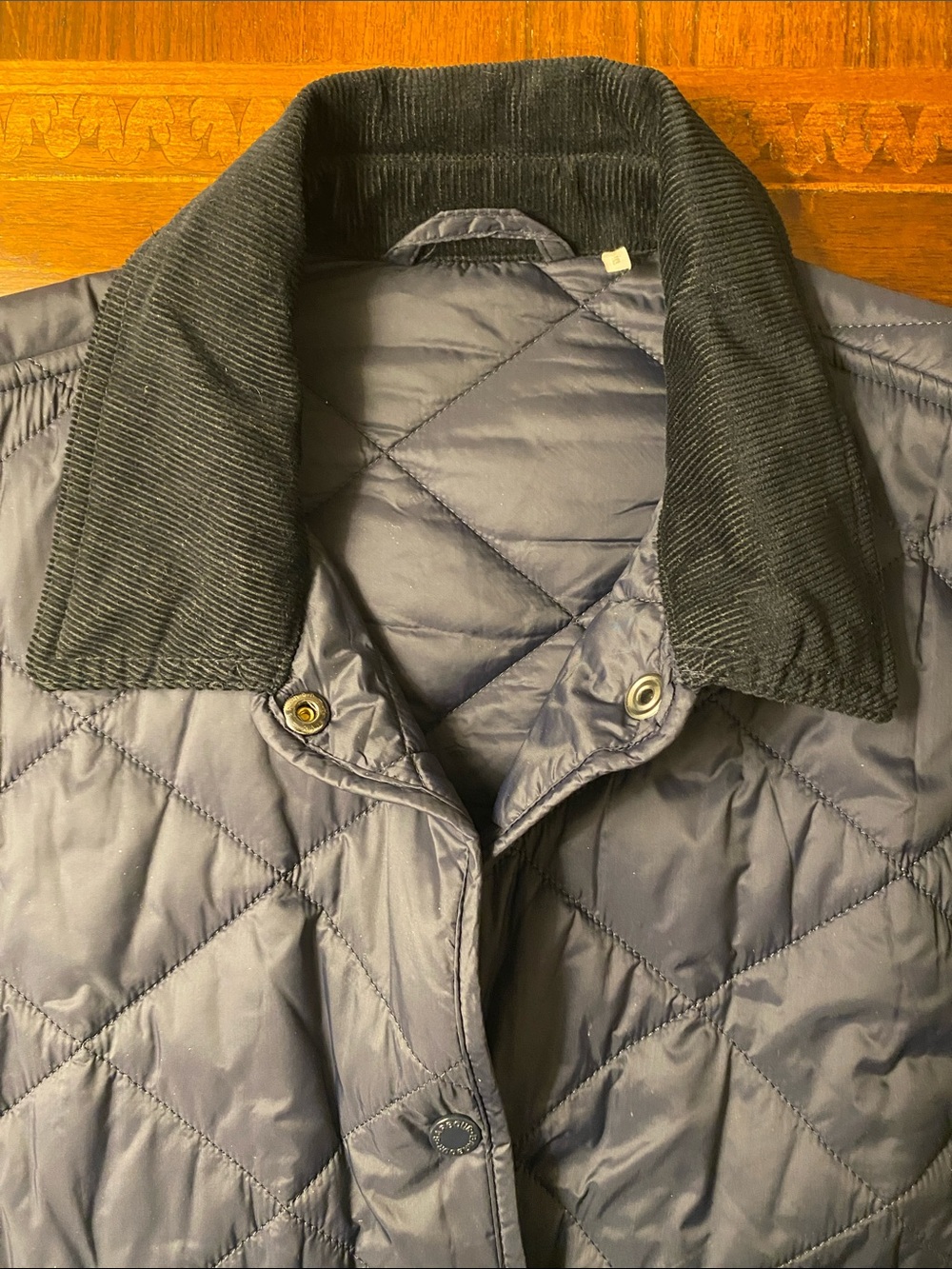 Barbour Quilted Navy Coat with Corduroy Collar • Size 10 - Picture 2 of 16